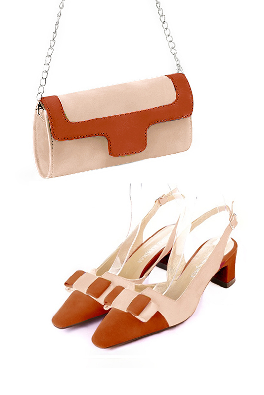 Powder pink and terracotta orange women's dress clutch, for weddings, ceremonies, cocktails and parties. Worn view - Florence KOOIJMAN